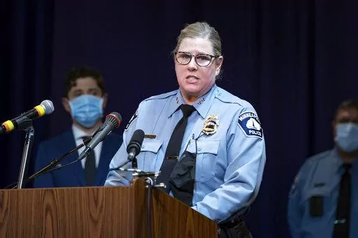 Minneapolis Deputy Chief Amelia Huffman, Thursday, Dec. 16, 2021, at Shiloh Temple in Minneapolis. The fatal shooting of a 22-year-old Black man by police in Minneapolis is turning up the heat on the city's police chief. Amelia Huffman was elevated to the top job on an interim basis just weeks before Amir Locke was slain by officers serving a search warrant. (Glen Stubbe/Star Tribune via AP, File)
