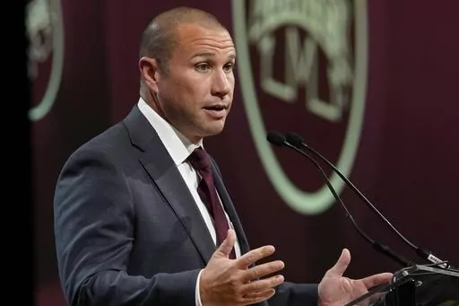 Mississippi State head coach Zach Arnett speaks during NCAA college football Southeastern Conference Media Days, Tuesday, July 18, 2023, in Nashville, Tenn. (AP Photo/George Walker IV)