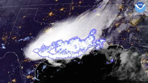 This satellite image provided by the National Oceanic and Atmospheric Administration shows a thunderstorm complex which was found to contain the longest single flash that covered a horizontal distance on record, at around 768 kilometers (477 miles) across parts of the southern United States on April 29, 2020. Two stormy parts of the Americas set records for longest lightning flashes back in 2020, the World Meteorological Organization said Monday, Jan. 31, 2022. (NOAA via AP)