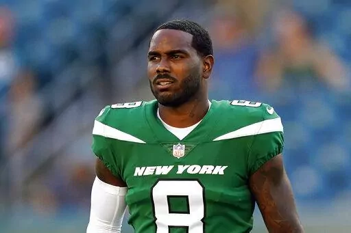 New York Jets' Elijah Moore is shown before a preseason NFL football game, Friday, Aug. 12, 2022, in Philadelphia. New York Jets wide receiver Elijah Moore was excused from practice by the team to attend to a personal matter involving his family. Moore wasn’t seen during the early portion of practice Thursday , Oct. 20, 2022, that reporters can watch. Coach Robert Saleh briefly updated reporters on the sideline on the reason for Moore’s absence without providing further details. (AP Photo/Ma