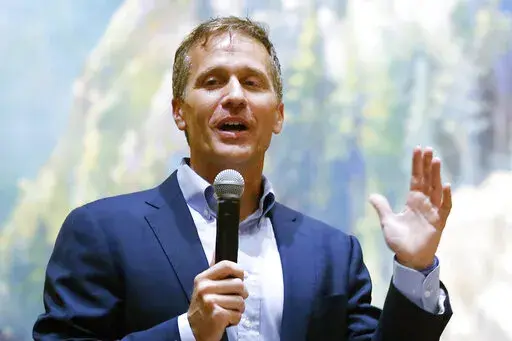 Former Missouri Gov. Eric Greitens, speaks at the Taney County Lincoln Day event at the Chateau on the Lake in Branson, Mo., April 17, 2021.  The ex-wife of Missouri GOP Senate candidate Eric Greitens has accused him of physical abuse. That's according to an affidavit filed Monday in the former couple's child custody case in Missouri. (Nathan Papes/The Springfield News-Leader via AP, File)
