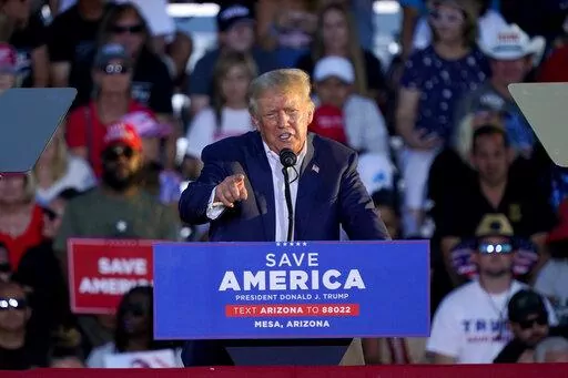 Former President Donald Trump speaks at a rally, Sunday, Oct. 9, 2022, in Mesa, Ariz. (AP Photo/Matt York)