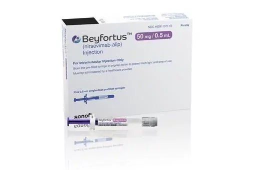 This illustration provided by AstraZeneca depicts packaging for their medication Beyfortus. U.S. officials have approved a new long-acting drug to protect babies and toddlers against a respiratory virus that causes thousands of hospitalizations each year. The Food and Drug Administration on Monday, July 17, 2023 approved the injection for infants and children up to 2 years old. (AstraZeneca via AP)