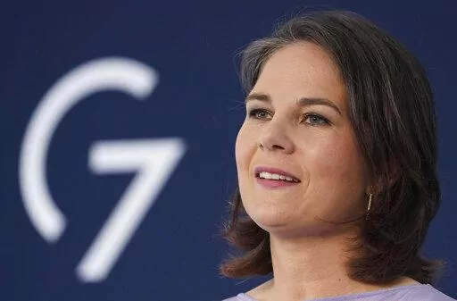 Annalena Baerbock, Foreign Minister of Germany, attends a press conference of the summit of foreign ministers of the G7 group of leading democratic economic powersin Weissenhaeuser Strand, Germany, Sarurday, May 14, 2022. The meeting under German presidency was chaired by Foreign Minister Baerbock. In addition to the United States and Germany, the G7 also includes Great Britain, France, Italy, Canada and Japan. (Marcus Brandt/dpa via AP)