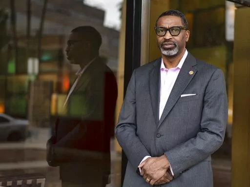 NAACP President Derrick Johnson poses for a photo on Saturday, Jan. 15, 2022, in Los Angeles. The NAACP, the nation's oldest civil rights organization, will soon celebrate its 113th birthday, which its leaderships said comes as it undergoes a restructuring to reflect a membership and leadership that is trending younger. "We had to reinvigorate the organization," national president Derrick Johnson, 54, told The Associated Press in a wide-ranging interview this month. ​(AP Photo/Richard Vogel)