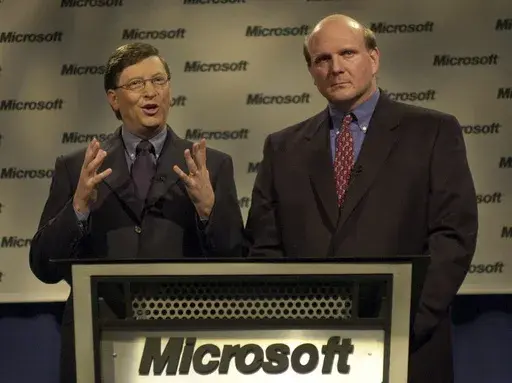 Microsoft chairman Bill Gates, left, and president and CEO Steve Ballmer speak at a news conference on April 3, 2000 in Redmond, Wash. The U.S. Justice Department's double-barreled antitrust attack on Google's dominant search and Apple's trendsetting iPhone is reviving memories of another epic battle that hobbled Microsoft before it roared back to yet again become the world's most valuable company. (AP Photo/Elaine Thompson, File)