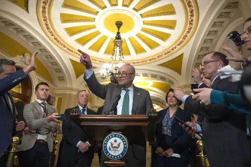 Sen. Charles Schumer, D-N.Y., speaks to reporters after a Senate policy luncheon on Capitol Hill, Tuesday, March 11, 2025, in Washington. (AP Photo/Mark Schiefelbein)