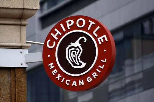 A sign for the Chipotle restaurant in Pittsburgh's Market Square is pictured Feb. 8, 2016. Last week, the Newport Beach, California-based Mexican chain asked its U.S. and Canadian employees to temporarily select another protein option for their meals to preserve its supply of chicken. But the chain said Thursday, April 25, 2024, that employees can go back to eating chicken again. (AP Photo/Keith Srakocic, File)