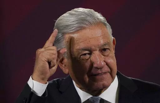 Mexican President Andres Manuel Lopez Obrador gives his regularly scheduled morning press conference at the National Palace in Mexico City, Tuesday, Feb. 28, 2023. (AP Photo/Marco Ugarte)