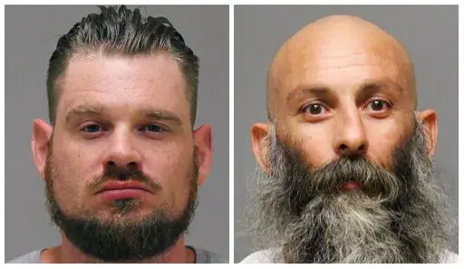 This photo combo of images provided by the Kent County Sheriff and Delaware Department of Justice, respectively, shows Adam Dean Fox, left, and Barry Croft Jr. on April 8, 2022. The men who are accused of crafting a plan to kidnap Michigan Gov. Gretchen Whitmer in 2020 and ignite a national rebellion are facing a second trial with jury selection starting Tuesday, Aug. 9, 2022, months after a jury couldn't reach a verdict on the pair while acquitting two others in the case. (Kent County Sheriff a