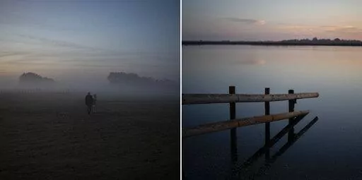 Rancher Jean-Claude Groul, left, fetches his horse at dawn to start the day’s work and a marshland, right, used for grazing semi-wild bulls and horses in the Camargue, southern France, Oct. 11, 2022. (AP Photo/Daniel Cole)