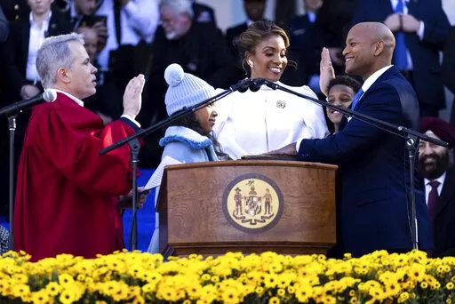 Wes Moore is sworn in as the 63rd governor of the state of Maryland by Maryland Supreme Court Chief Justice Matthew Fader, Wednesday, Jan. 18, 2023, in Annapolis, Md. (AP Photo/Julia Nikhinson)