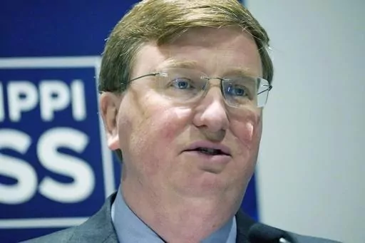 Mississippi Republican Gov. Tate Reeves speaks to his reelection platform before attendees of the Mississippi Press Association annual meeting in Flowood, Miss., Friday, June 16, 2023. (AP Photo/Rogelio V. Solis)