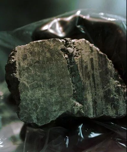 The meteorite labeled ALH84001 is held in the hand of a scientist at a Johnson Space Center lab in Houston, Aug. 7, 1996. Scientists say they've confirmed the meteorite from Mars contains no evidence of ancient Martian life. The rock caused a splash 25 years ago when a NASA-led team announced that its organic compounds may have been left by living creatures, however primitive. Researchers chipped away at that theory over the decades. A team of scientists led by Andrew Steele of the Carnegie Inst
