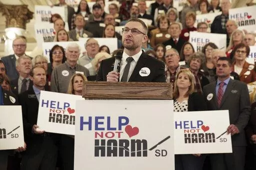 South Dakota Republican Rep. Jon Hansen speaks during a news conference at the state Capitol, Tuesday, Jan. 17, 2023, in Pierre, S.D. Hansen is pushing a bill to outlaw gender-affirming health care for transgender youth. (AP Photo/Stephen Groves, File)