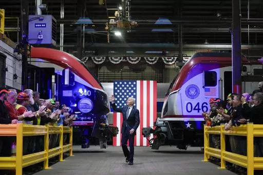 President Joe Biden arrives to speak at the Amtrak Bear Maintenance Facility, Monday, Nov. 6, 2023, in Bear, Del. (AP Photo/Andrew Harnik)