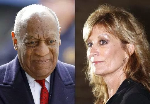 Bill Cosby arrives for his sexual assault trial in Norristown, Pa. on April 20, 2018, left, and Judy Huth appears at a press conference outside the Los Angeles Police Department's Wilshire Division station in Los Angeles on Dec. 5, 2014. Eleven months after he was freed from prison, Cosby, 85, will again be the defendant in a sexual assault proceeding, this time a civil case in California. Huth, who is now 64, alleges that in 1975 when she was 16, Cosby sexually assaulted her at the Playboy Mans