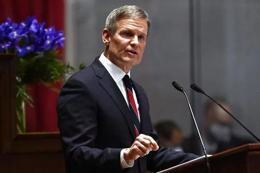 Tennessee Gov. Bill Lee delivers his State of the State address in the House Chamber of the Capitol building, Monday, Jan. 31, 2022, in Nashville, Tenn.  On Friday, May 13, The Associated Press reported on stories circulating online incorrectly claiming newly signed legislation in Tennessee “banned Plan B and made it a crime punishable by a $50,000 fine to order it.”(AP Photo/Mark Zaleski, File)