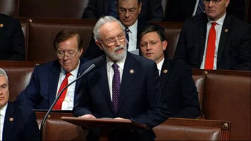 In this Dec. 18, 2019, photo, Rep. Dan Newhouse, R-Wash., speaks as the House of Representatives debates the articles of impeachment against President Donald Trump at the Capitol in Washington. Newhouse was maintaining his lead Friday, Aug. 5, 2022, among other Republicans in Washington state's primary, but fellow Republican Rep. Jaime Herrera Beutler saw her lead against an opponent endorsed by former President Donald Trump shrink in recent vote updates. (House Television via AP, File)
