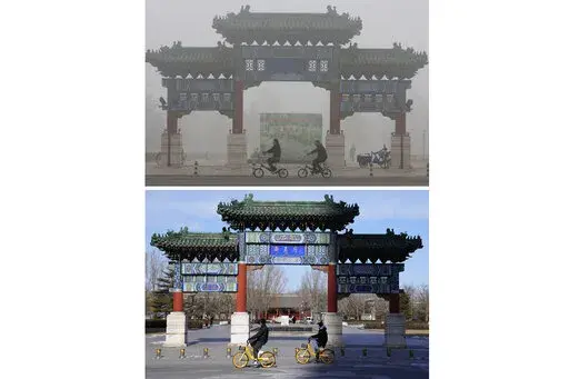 Cyclists ride past a traditional Chinese gateway during a day murky from fog and pollution in Beijing, on Oct. 26, 2007, top, and the same location on Feb. 5, 2022. Beijing’s air still has a long way to go, but is measurably better than past years. (AP Photo/Ng Han Guan, File)