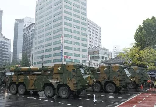 South Korea's "Hyunmoo" missiles are carried in a parade during the 75th South Korea Armed Forces Day ceremony in Seoul, South Korea, Tuesday, Sept. 26, 2023. South Korea's president vowed to retaliate immediately against any potential provocations by North Korea in his Armed Forces Day speech Tuesday, as thousands of troops prepared to march through the capital in the country's first such military parade in 10 years. (AP Photo/Ahn Young-joon)