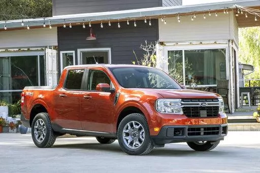 This photo provided by Ford shows the 2022 Ford Maverick, a compact pickup truck that comes standard with a hybrid engine that gets an EPA-estimated 37 mpg. (Courtesy of Ford Motor Co. via AP)