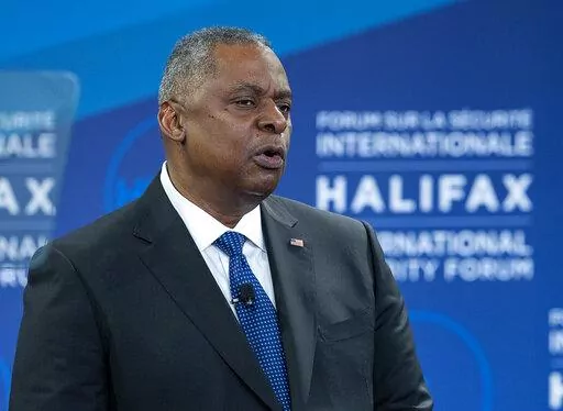 U.S. Secretary of Defense Lloyd J. Austin III delivers remarks at the Halifax International Security Forum in Halifax on Saturday, Nov.19, 2022.  (Andrew Vaughan/The Canadian Press via AP)