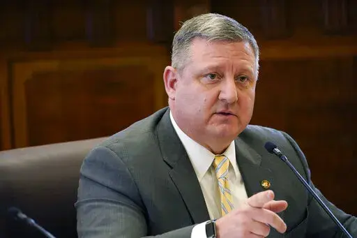 Senate Education Committee Chairman Dennis DeBar Jr., R-Leakesville, addresses lawmakers as they consider legislation during a committee meeting at the Mississippi Capitol in Jackson, Tuesday, March 1, 2022. (AP Photo/Rogelio V. Solis)