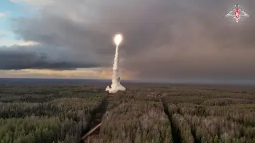 In this photo taken from video distributed by Russian Defense Ministry Press Service on Tuesday, Oct. 29, 2024, A Yars intercontinental ballistic missile is test-fired from the Plesetsk launchpad in northwestern Russia. (Russian Defense Ministry Press Service via AP)