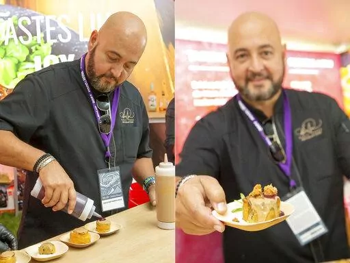 This combination of photos show chef Mario Pagán, who owns five restaurants in Puerto Rico, preparing a dish and drinks during The Food & Wine Classic in Aspen, Colo., on Sept. 11, 2021. (Hal Williams Photography via AP)