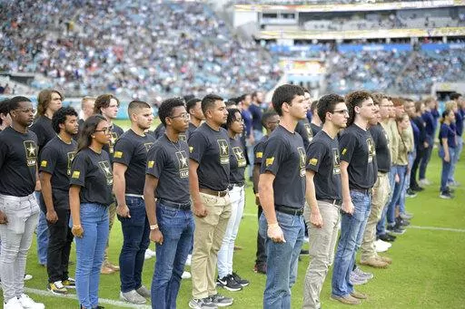 Military recruits are sworn in during halftime on Salute to Service military appreciation day at an NFL football game between the Jacksonville Jaguars and the Las Vegas Raiders, Nov. 6, 2022, in Jacksonville, Fla. The Army is trying to recover from its worst recruiting year in decades, and officials say those recruiting woes are the result of traditional hurdles. Young people don’t want to die or get injured, they don't want to deal with the stress of Army life and they don't want to put their