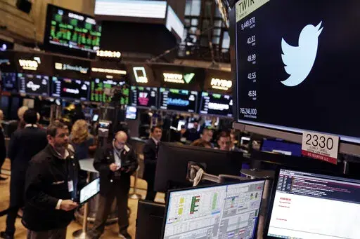 The symbol for Twitter appears above a trading post on the floor of the New York Stock Exchange, Tuesday, Oct. 4, 2022. The New York Stock Exchange began the process Friday, Oct. 28,  to delist Twitter. That means everyday investors will no longer be able to buy and sell stock in the company and Twitter would no longer be required to publicly reveal details of its quarterly or annual financial performance with U.S. regulators. (AP Photo/Seth Wenig, File)