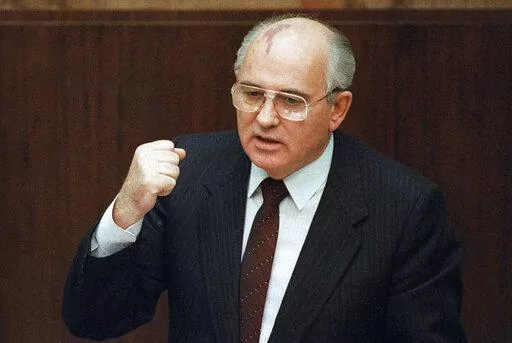 Soviet President Mikhail Gorbachev says in Moscow that a local military commander ordered the use of force in the breakaway republic of Lithuania, where an assault by Soviet troops on Jan. 13, 1991 claimed 14 lives. Russian news agencies are reporting that former Soviet President Mikhail Gorbachev has died at 91. The Tass, RIA Novosti and Interfax news agencies cited the Central Clinical Hospital. (AP Photo/Boris Yurchenko, File)