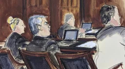 In this courtroom sketch in Federal court, in New York, Tuesday, Feb. 20, 2024, former Honduran President Juan Orlando Hernandez, seated center at the defense table, is flanked by his attorneys at the start of his trial. Nearly two years after his arrest and extradition to the U.S., Hernandez went on trial Tuesday in Manhattan federal court on drug trafficking and weapons charges. (Elizabeth Williams via AP)