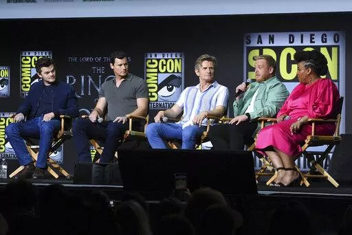Robert Aramayo, from left,Benjamin Walker, Charles Edwards, Owain Arthur, and Sophia Nomvete attend a panel for "The Lord of the Rings: The Rings of Power" on day two of Comic-Con International on Friday, July 22, 2022, in San Diego. (Photo by Richard Shotwell/Invision/AP)