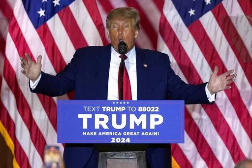 Former President Donald Trump announces a third run for president at Mar-a-Lago in Palm Beach, Fla., Nov. 15, 2022. Trump has told a conference of orthodox Jews that he is their "best ally" without addressing his widely criticized meal with a white nationalist and a rapper who has spewed antisemitic conspiracies. (AP Photo/Rebecca Blackwell, File)