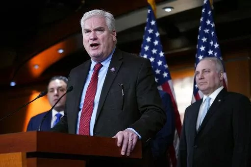 Rep. Tom Emmer, R-Minn., speaks at a news conference on Capitol Hill in Washington, Tuesday, Jan. 10, 2023. Standing behind Emmer are Rep. Anthony D'Esposito, R-N.Y., left, and House Majority Leader Steve Scalise of La. (AP Photo/Patrick Semansky, File)
