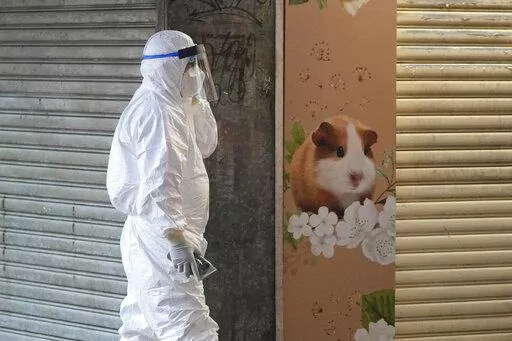 CORRECTS TO SAY 2,000 SMALL ANIMALS, NOT 2,000 HAMSTERS - A staffer from the Agriculture, Fisheries and Conservation Department walks past a pet shop which was closed after some pet hamsters were, authorities said, tested positive for the coronavirus, in Hong Kong, Tuesday, Jan. 18, 2022. Hong Kong authorities said Tuesday that they will kill about 2,000 small animals, including hamsters, after several tested positive for the coronavirus at the pet store where an employee was also infected. (AP 