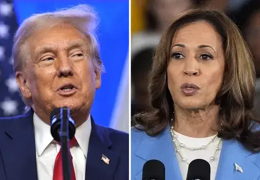 This combination photo shows Republican presidential nominee former President Donald Trump at an event, Aug. 15, 2024, in Bedminster, N.J., left, and Democratic presidential nominee Vice President Kamala Harris at a campaign event in Raleigh, N.C., Aug. 16, 2024. (AP Photo)