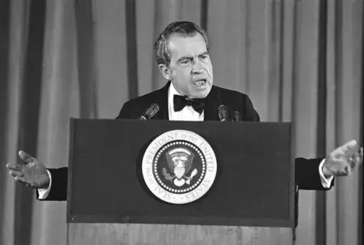President Richard Nixon tells a group of Republican campaign contributors, he will get to the bottom of the Watergate scandal during a speech on May 9, 1973 in Washington. (AP Photo/John Duricka, File)