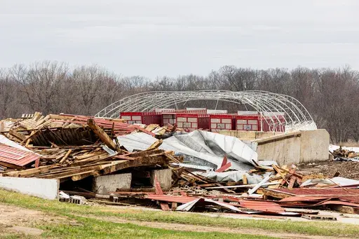 A barn that collapsed from Sunday's severe storm along 92nd Street SE in Gaines Twp., Mich., on Monday, March 31, 2025. (Joel Bissell/MLive.com/Kalamazoo Gazette via AP)