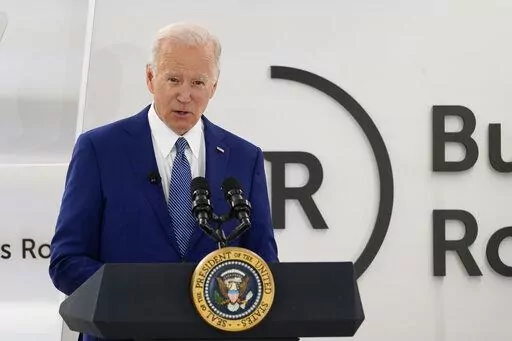 President Joe Biden speaks at Business Roundtable's CEO quarterly meeting, Monday, March 21, 2022, in Washington. (AP Photo/Patrick Semansky)