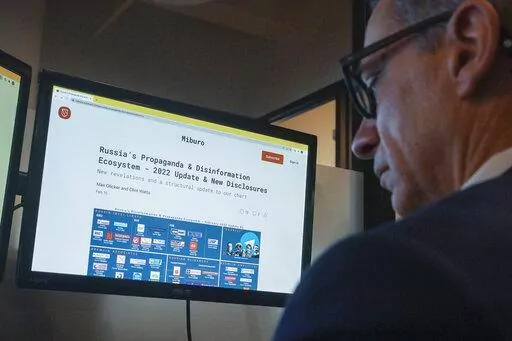 Clint Watts, president of Miburo, a research firm that tracks foreign disinformation operations, works at his desktop at company headquarters, on March 15, 2022, in New York. Some of China's state media reporters are identifying as travel bloggers and lifestyle influencers on U.S.-owned social media platforms such as Instagram, Facebook and YouTube, racking up millions of followers from around the globe. The Associated Press has identified dozens of these accounts, which are part of a network of