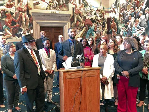 Missouri state Rep. Kevin Windham speaks to reporters during a press conference Thursday, Feb. 9, 2023, in the House Lounge of the state Capitol in Jefferson City, Mo. Missouri faith leaders, activists and elected officials have accused the Republican-led House of silencing Black Missourians after leaders shut down a Black lawmaker’s speech. Dozens of protesters rallied Wednesday, Feb. 15, 2023, outside the Capitol. (AP Photo/David A. Lieb, File)