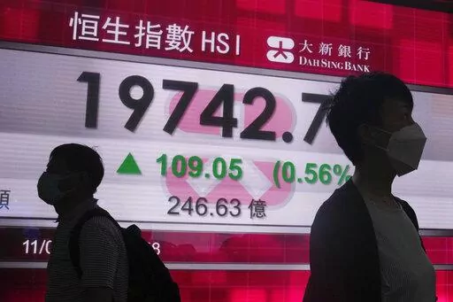 People wearing face masks walk past a bank's electronic board showing the Hong Kong share index in Hong Kong, Wednesday, May 11, 2022. Shares were mixed in Asia on Wednesday with Chinese benchmarks pressing higher after a rally in technology companies helped reverse most of an early slide on Wall Street. (AP Photo/Kin Cheung)