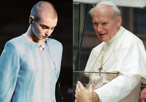 Irish singer Sinead O’Connor stands alone while the crowd boos her at Bob Dylan’s 30th anniversary celebration in New York on Oct. 16, 1992, 13 days after she ripped a photo of Pope John Paul II during an appearance on "Saturday Night Live," left, and Pope John Paul II appears in his popemobil in Prague on April 21, 1990. More than 30 years later, her Saturday Night Live performance is remembered by some as an offensive act of desecration. But for others — including survivors of clergy sex