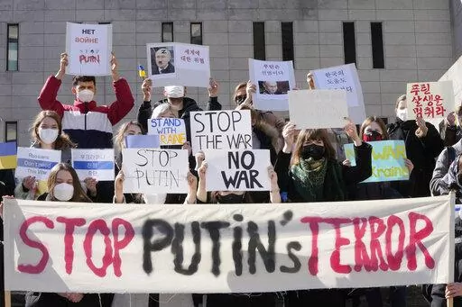 People protest at a rally calling for Russia to stop the war against Ukraine in Seoul, South Korea, March 5, 2022. Nuclear Russia's pillaging of non-nuclear Ukraine is rattling what's already a destabilizing moment in nuclear nonproliferation efforts. Some former leaders in Asia have cited the Ukraine conflict as evidence it's time for nations there to think about getting nukes of their own. (AP Photo/Ahn Young-joon, File)
