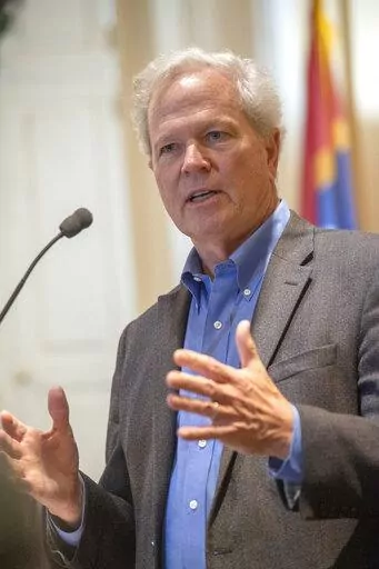 Ted Henifin, the City of Jackson water system third-party administrator, addresses media questions during a news conference at City Hall on Monday, Dec. 5, 2022, in Jackson, Miss. (Barbara Gauntt/The Clarion-Ledger via AP)