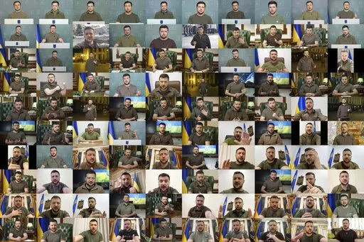 This combination of images from video provided by the Ukrainian Presidential Press Office, shows Ukrainian President Volodymyr Zelenskyy speaks from Kyiv, Ukraine, in his video addresses from Feb. 24, 2022, to June 3, 2022. From the start of the war, Zelenskyy has spoken to the Ukrainian people at the conclusion of every day, rallying them to the fight, telling them of his efforts to get ever more Western weapons and sharing their pain. His actor-trained voice can be soothing, a deep, confidenti