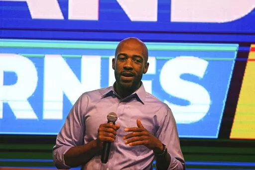 Mandela Barnes speaks to supporters  at The Cooperage after the Democratic Senate primary in Milwaukee, on Tuesday, Aug. 9, 2022. (Angela Peterson/Milwaukee Journal-Sentinel via AP)